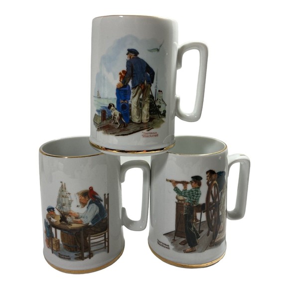 Norman Rockwell Sea Farer Large Coffee Mugs Vintage 1985 Set of 3 - Picture 1 of 9